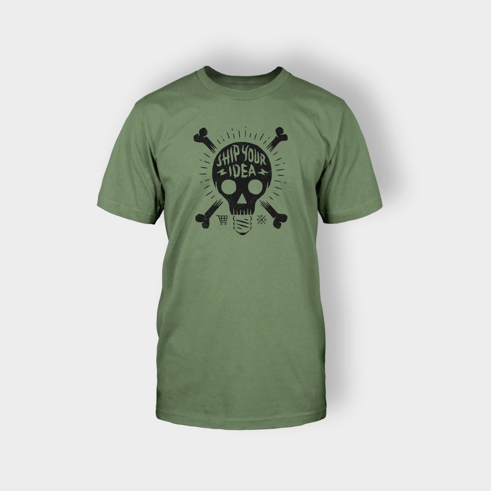A green t-shirt with a skull and crossbones on it.