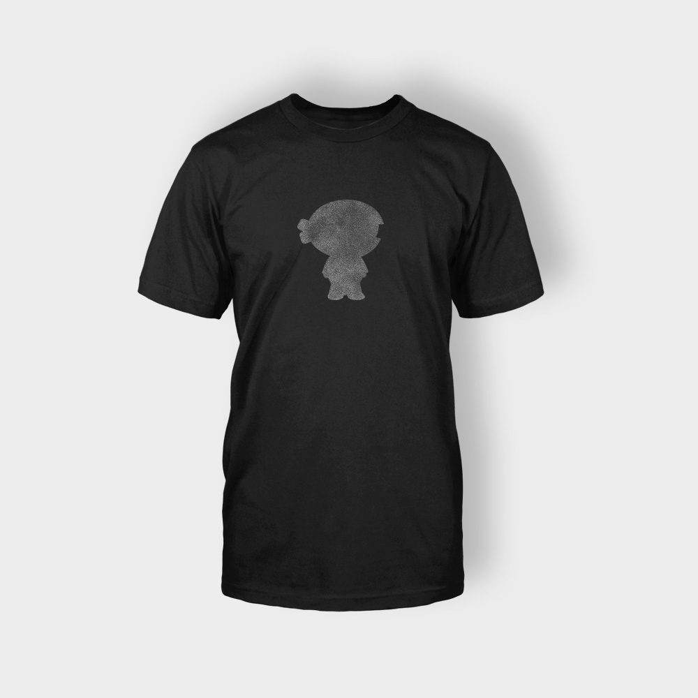A black t-shirt with a picture of a person 's head.