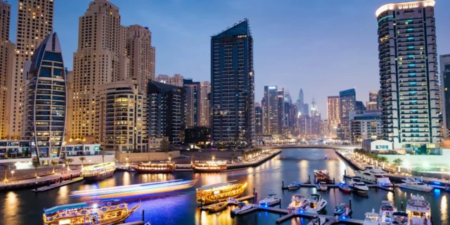 A city with many boats in the water