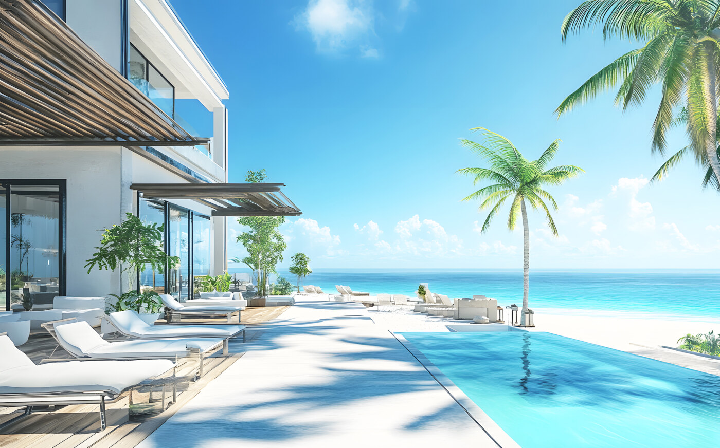 A beach front pool with palm trees and a blue sky.