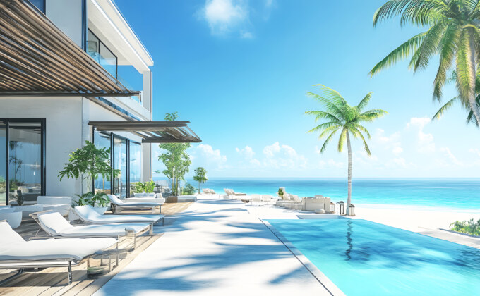 A beach front pool with palm trees and a blue sky.