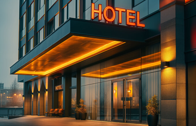 A hotel sign lit up at night outside of the building.
