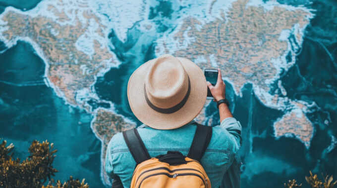 A person with a hat and backpack looking at the map