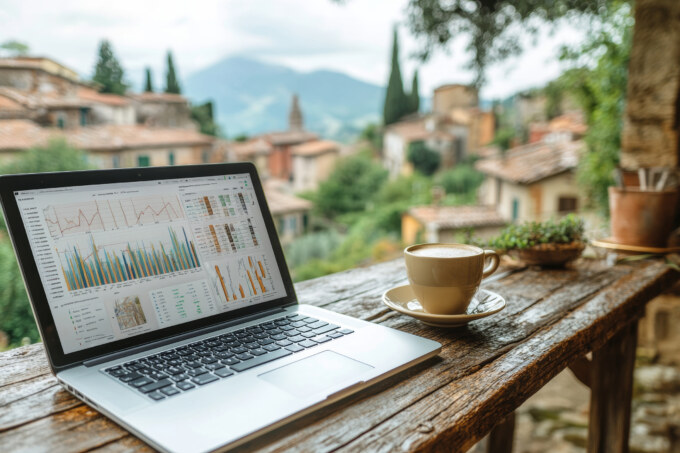 A laptop sitting on top of a wooden table.
