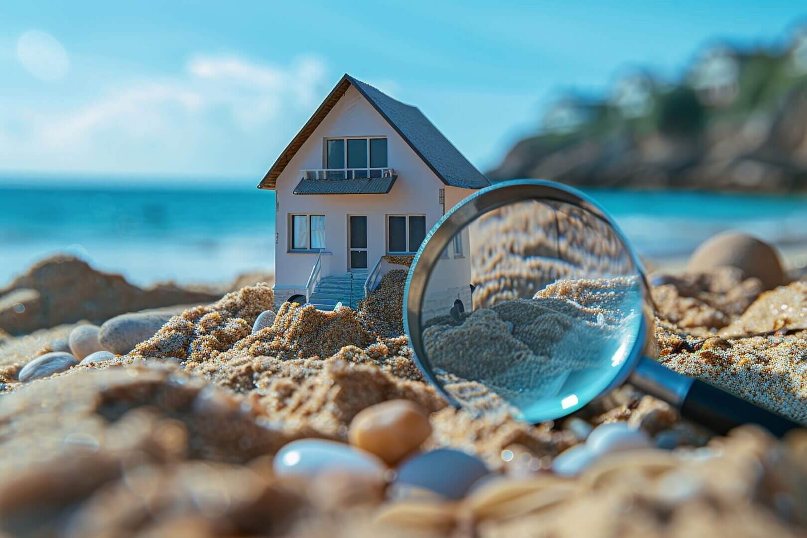 A magnifying glass is on the sand of a beach.